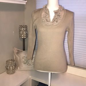 Taupe V-neck Sweater with ruffle collar - Medium